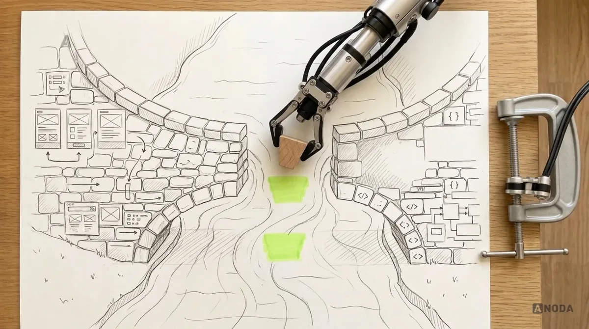Mixed-media illustration: two halves of a drawn bridge, one drawn as a design sketch with flows and screens, the other as lines of code and components, reach towards each other over a river; a real steel robotic arm sets a real wooden keystone into the gap, highlighted in lime.