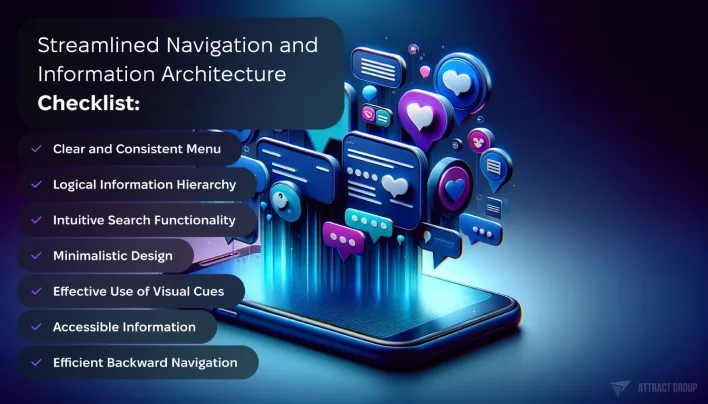 Checklist for streamlined navigation and information architecture in mobile UX design.