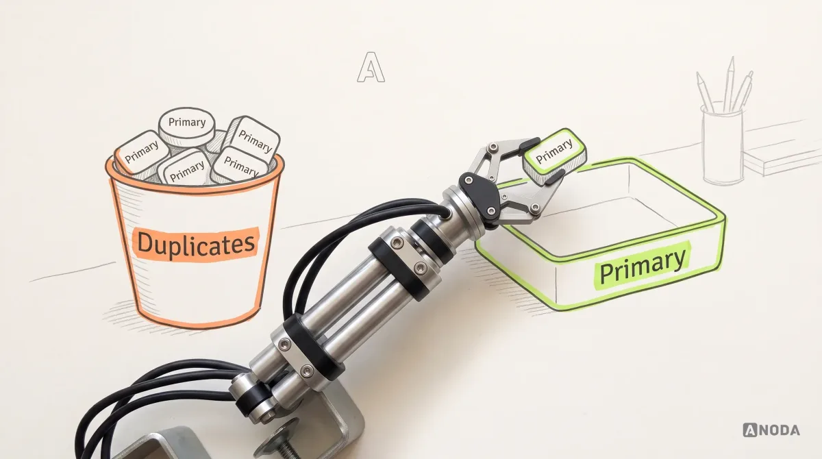 Mixed-media illustration: drawn buttons, all labelled “Primary” but of different shapes; a real steel robotic arm clamped at the bottom edge places one of them into a lime-outlined tray labelled “Primary”, while the rest lie in an orange-outlined bin labelled “Duplicates”.