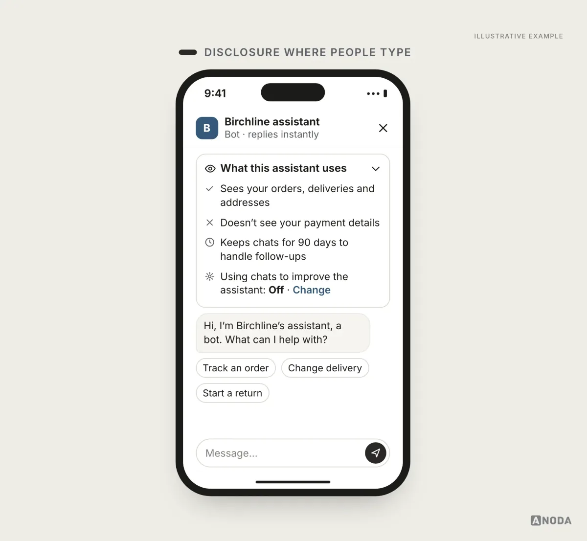 Illustrative example: an expandable card at the top of the chat titled “What this assistant uses”, saying it sees orders, deliveries and addresses, doesn’t see payment details, keeps chats for 90 days to handle follow-ups, and that using chats to improve the assistant is off, with a “Change” link.