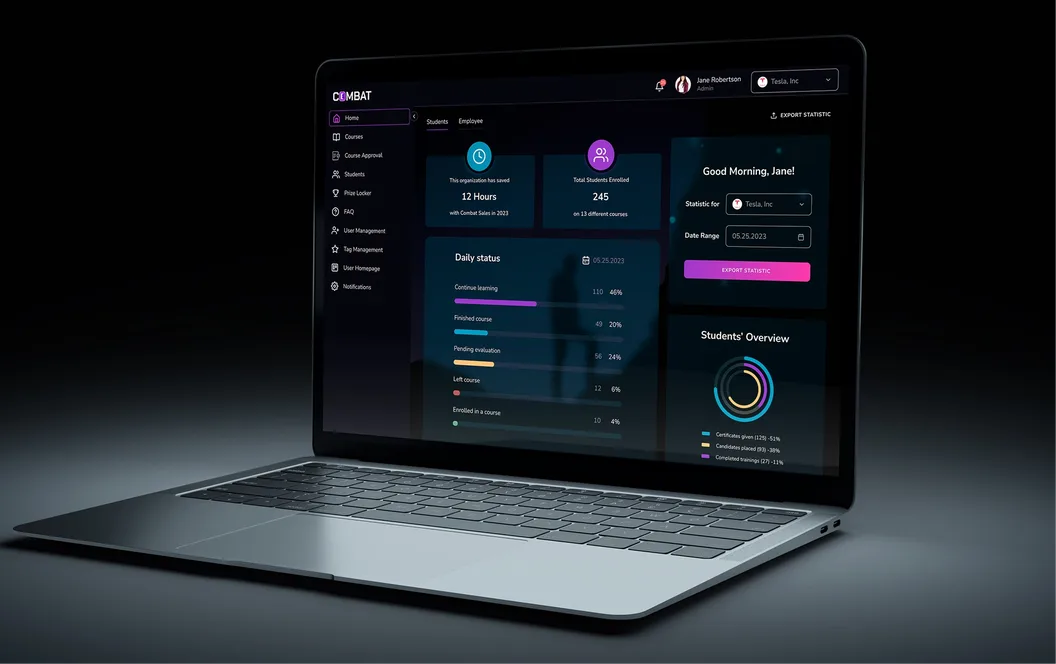 Combat Sales training platform dashboard screens