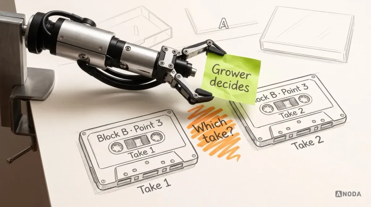 Mixed-media illustration: two drawn cassette tapes side by side, both labelled “Block B · Point 3”, one marked “Take 1” and the other “Take 2”, with an orange scribble between them reading “Which take?”; a real steel arm from a table clamp at the left edge holds a real lime sticky note reading “Grower decides” just above the two tapes.