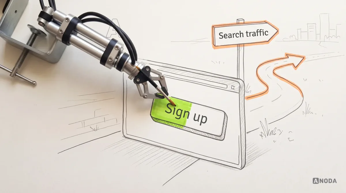 Mixed-media illustration: a real steel robotic arm carefully repaints a drawn “Sign up” button with a small real paintbrush, while behind the screen a drawn signpost labelled “Search traffic” points along a winding orange arrow that leads away from the screen.
