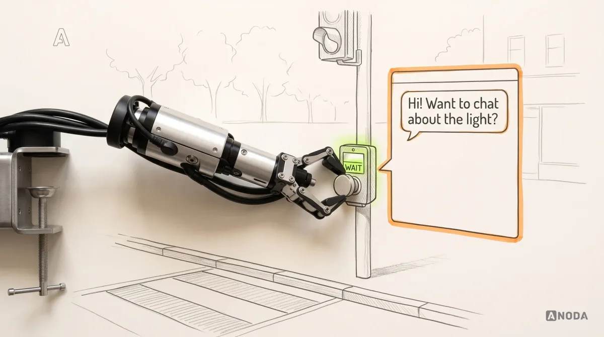 Mixed-media illustration: a drawn pedestrian crossing with a traffic light and a large drawn chat window beside it asking “Hi! Want to chat about the light?” outlined in orange; a real steel robotic arm on a table clamp presses a real chunky button on the drawn crossing box, which lights up “WAIT” in lime.