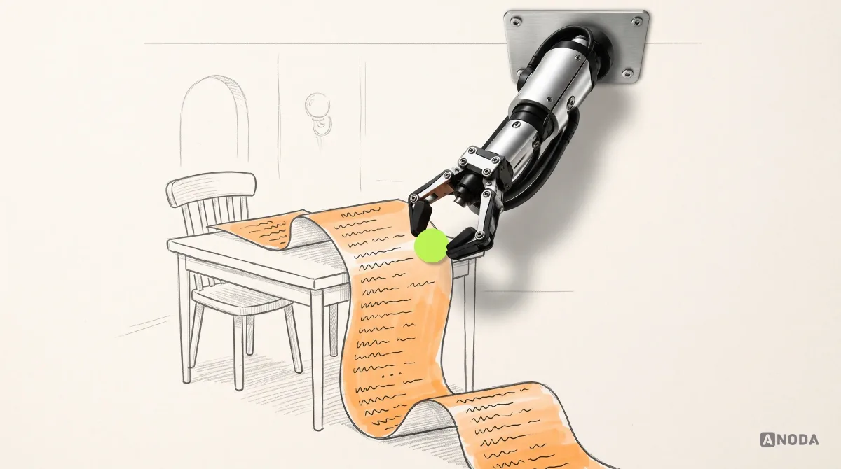 Mixed-media illustration: a drawn restaurant menu so long it spills off the table and across the floor in orange, while a real steel arm places a single lime sticker next to one dish near the top