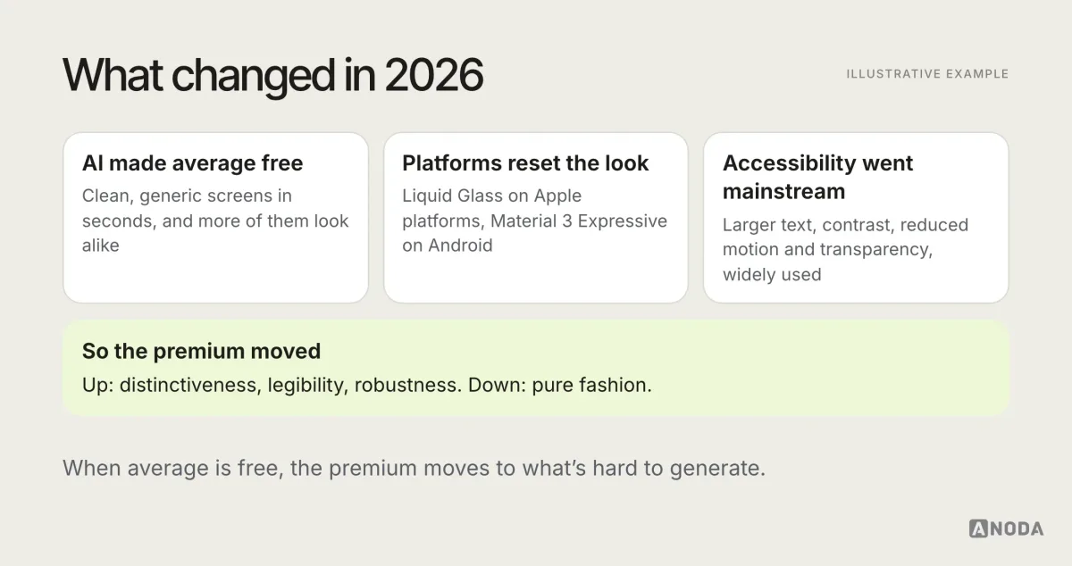 Illustrative diagram titled “What changed in 2026”: AI makes generic screens abundant, platforms introduce new materials and motion, and accessibility settings become mainstream; the result is that distinctiveness, legibility and robustness gain value while pure fashion loses it.