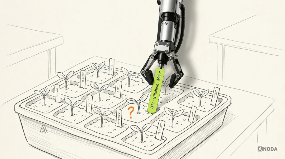 Mixed-media illustration: a drawn seed tray of identical seedlings, every one with a plant label except one in the middle, which has an orange question mark stuck in the soil; a real steel arm hanging from the top edge pushes a lime plant label reading “D17 · Stitching · Major” into the soil beside it.
