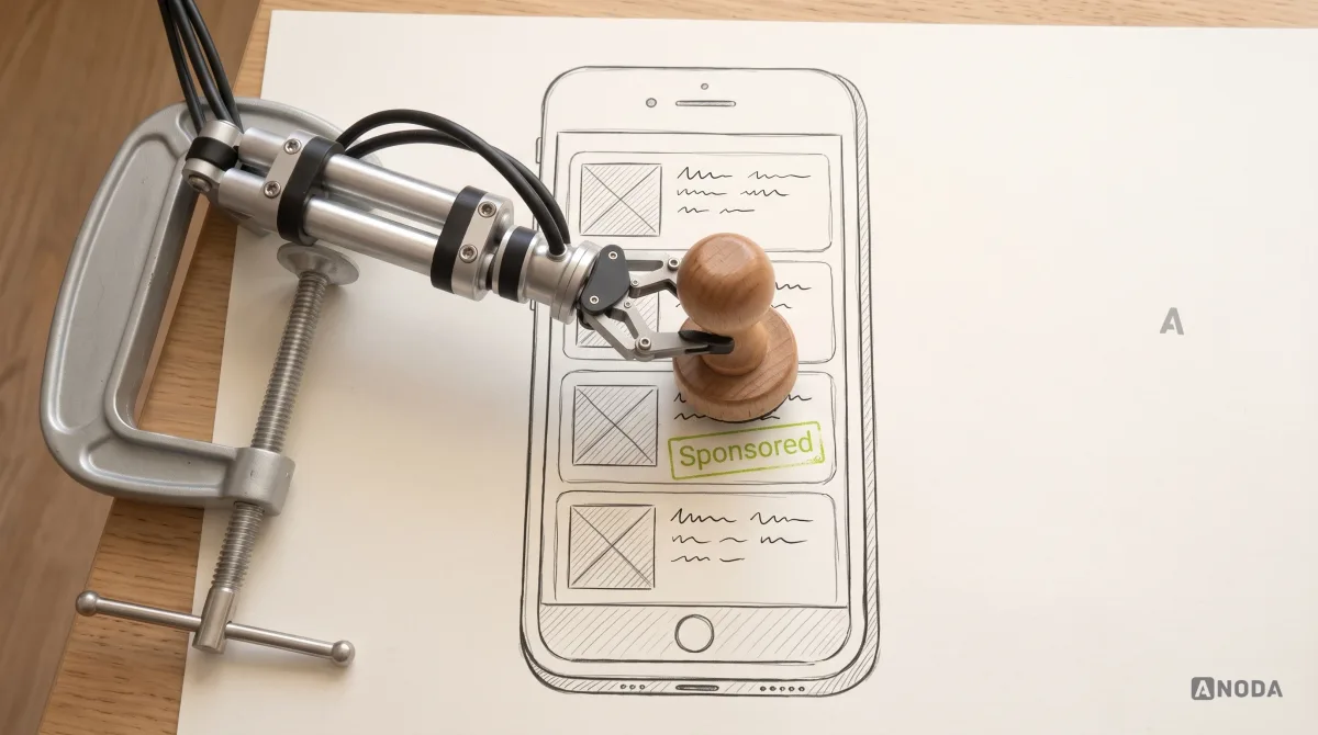 Mixed-media illustration: a drawn content feed on a phone with several article cards, one of which is an ad that looks identical to the others; a real steel robotic arm presses a real rubber stamp onto that card, leaving the word “Sponsored” highlighted in lime.