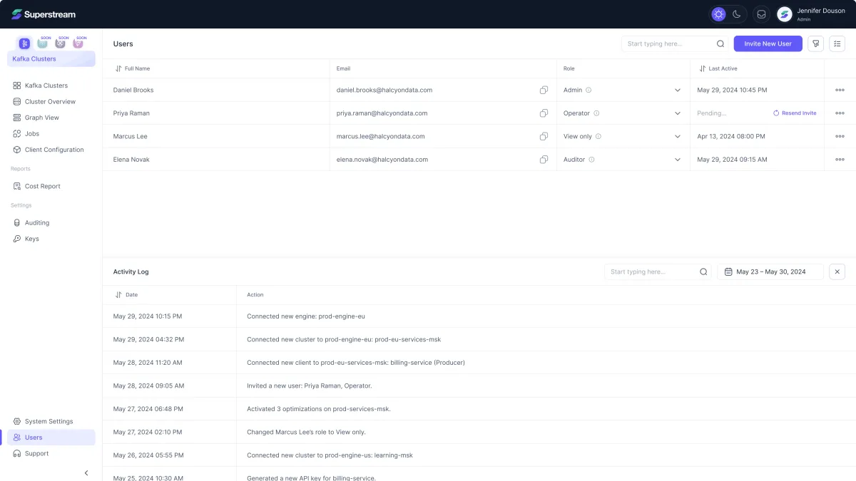 Superstream Users in the light theme: four people with their roles and last activity, the activity log of engine, cluster and user changes beneath