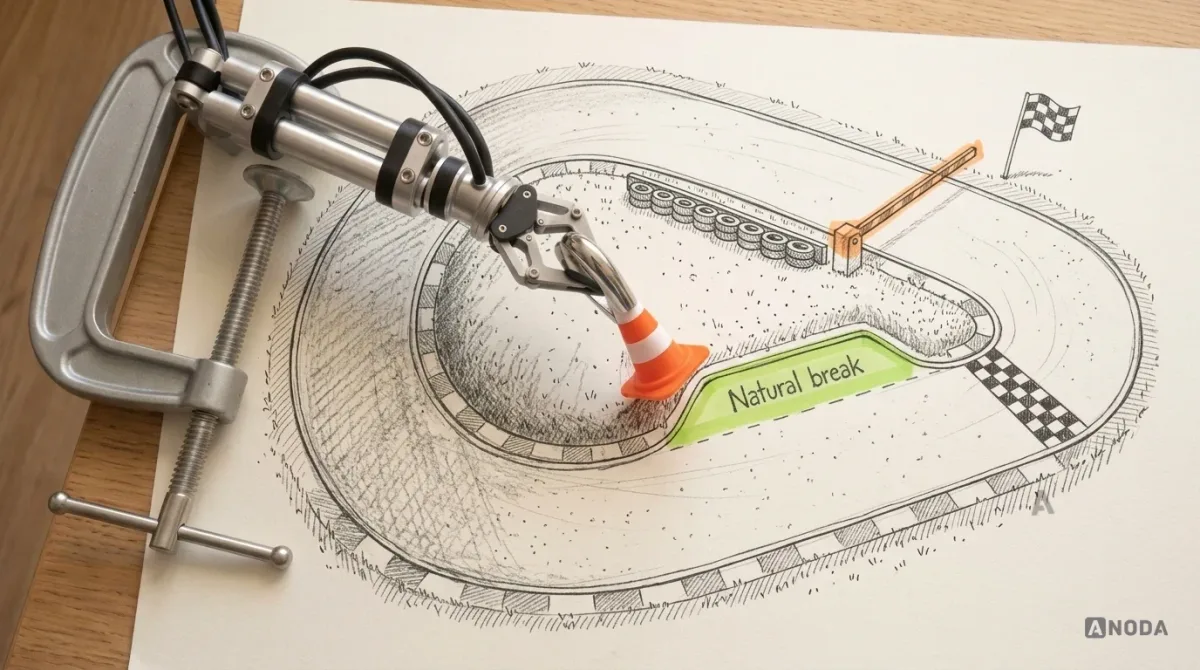 Mixed-media illustration: a drawn race track on paper with a drawn level-crossing barrier lowered just before the finish flag, highlighted in orange; a real steel robotic arm moves a real small traffic cone from the track to a drawn lay-by labelled “Natural break”, highlighted in lime.