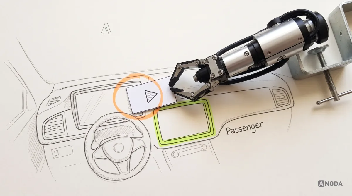 Mixed-media illustration: a drawn dashboard with two screens; a video card with a play symbol sits on the driver-side screen circled in orange, and a real steel robotic arm reaching in from the right edge slides the card across to the passenger screen, which is outlined in lime and labelled “Passenger”.