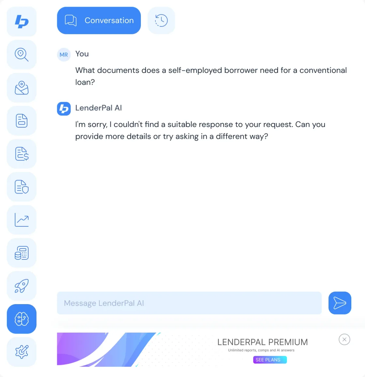 LenderPal AI error reply asking the user to rephrase the question