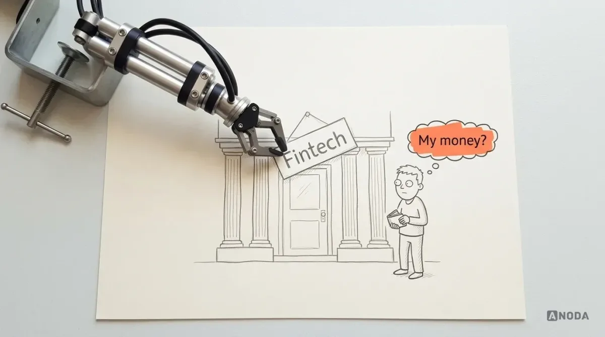 Mixed-media illustration: a real steel arm straightens a tilted “Fintech” sign on a small drawn bank building while a drawn customer outside holds a wallet under an orange thought bubble reading “My money?”.