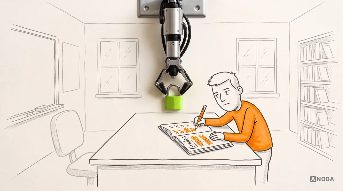Mixed-media illustration: in a drawn classroom with the teacher’s chair empty, a student changes the marks in a book labelled “Grades” with an orange pencil, while a real steel arm lowers a padlock over the book.