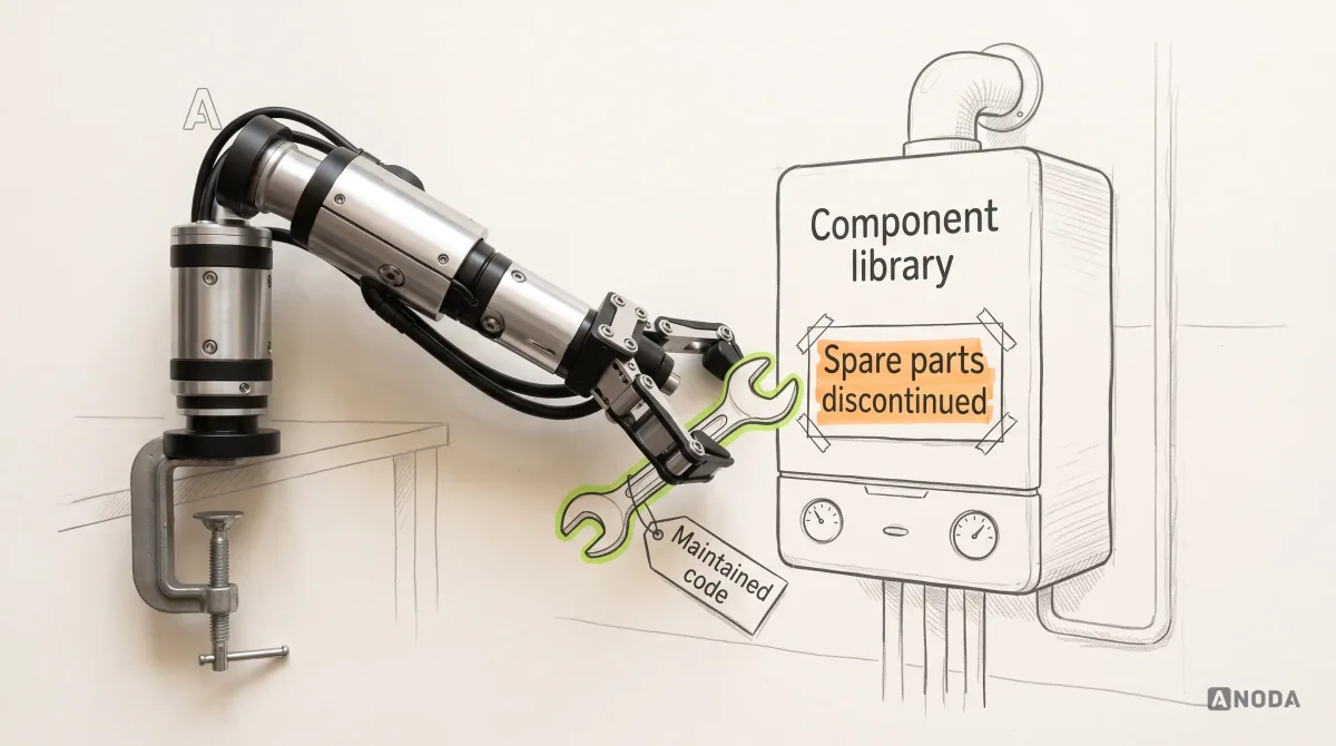 Mixed-media illustration: a drawn wall-mounted boiler labelled “Component library” stands on paper with an orange sign taped to its front reading “Spare parts discontinued”; a real steel robotic arm clamped at the left edge holds a lime-outlined drawn spanner tagged “Maintained code” up to the machine’s door.