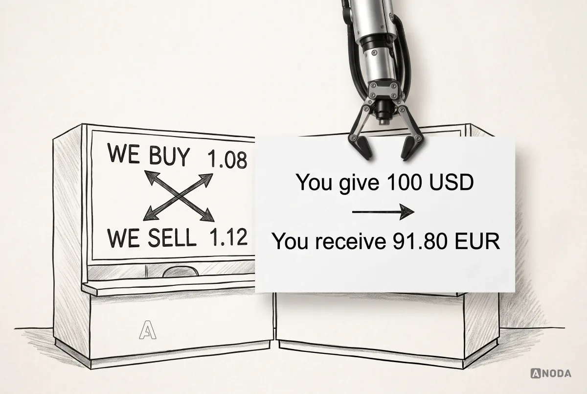 Mixed-media illustration: a real steel arm lowers a white card reading “You give 100 USD → You receive 91.80 EUR” over a drawn currency-exchange board showing “WE BUY 1.08 / WE SELL 1.12” with crossed arrows.