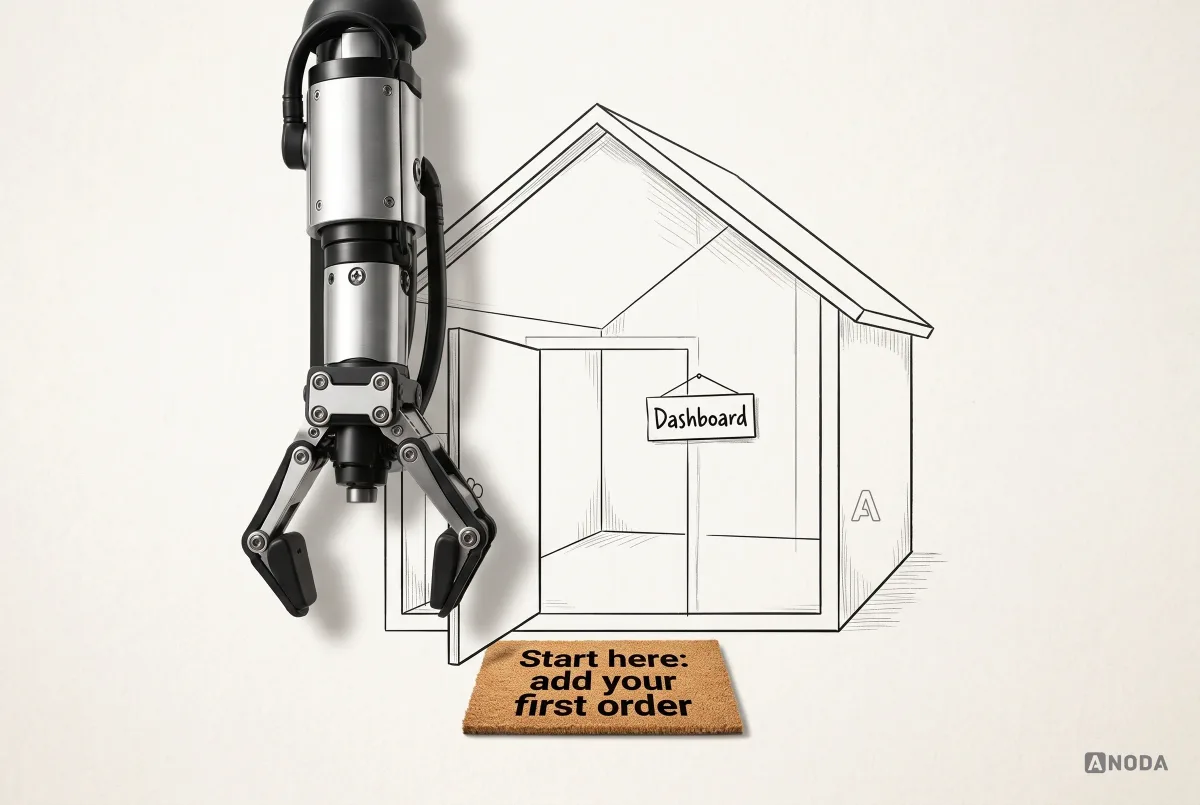 Mixed-media illustration: a real steel arm hanging from the top holds open the door of a drawn house whose only room is empty apart from a sign reading “Dashboard”, above a real doormat reading “Start here: add your first order”.