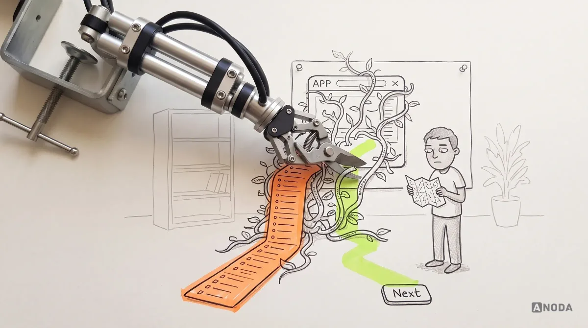 Mixed-media illustration: a drawn app screen overgrown with vines made of menu items and a dropdown hanging to the floor, highlighted orange, while a drawn user holding a tiny map stands lost; a real steel arm cuts into the vines with real pruning shears beside a lime path leading to a single “Next” button.