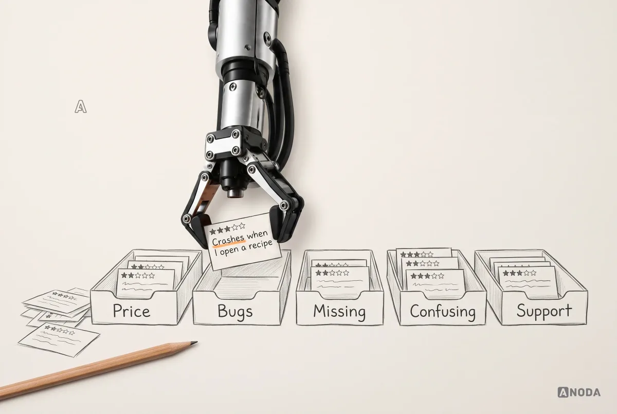 Mixed-media illustration: a real steel arm drops a review card reading “Crashes when I open a recipe” into the “Bugs” tray, one of five drawn trays labelled “Price”, “Bugs”, “Missing”, “Confusing” and “Support”.