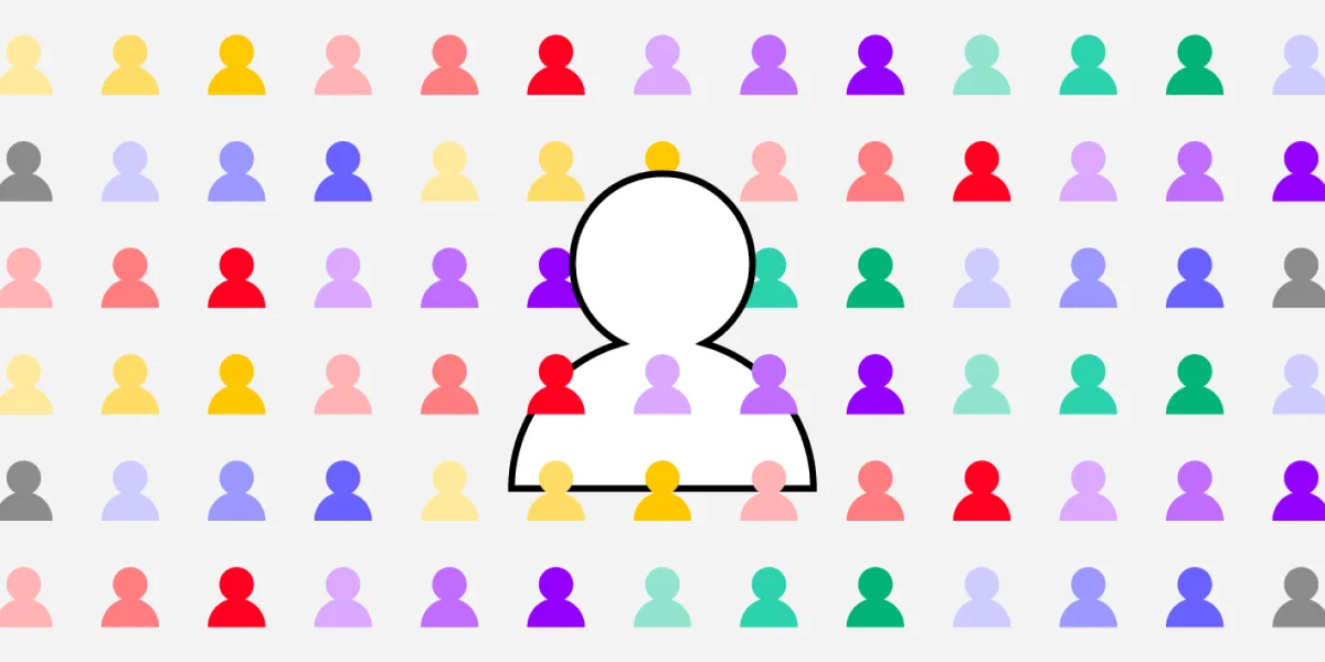An outlined person icon surrounded by rows of colored person icons.