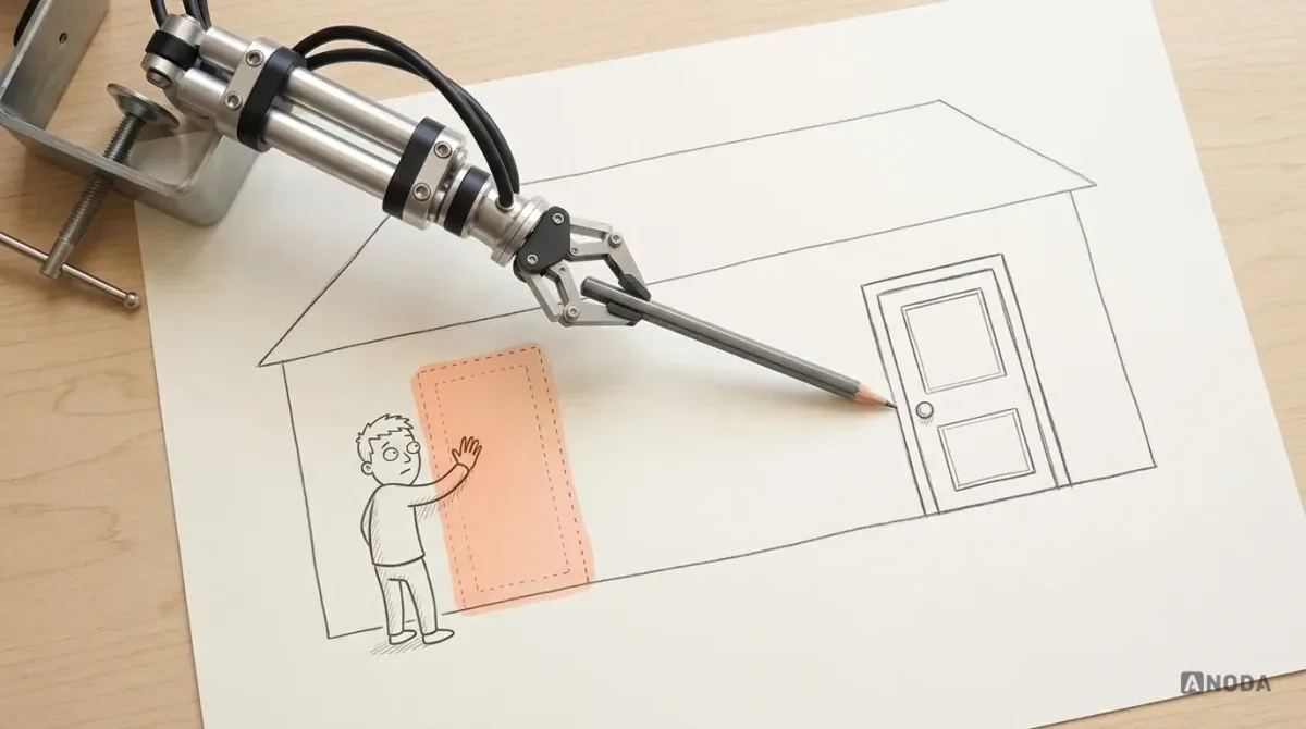 Mixed-media illustration: a drawn house with no door on one wall, where a small drawn person presses a hand against the wall and only an orange patch appears under their palm, while a real steel arm uses a real pencil to draw a solid door with a handle further along.