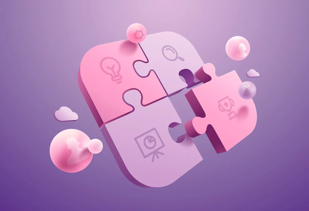 Puzzle pieces featuring various icons set against a vibrant purple background, symbolizing the app design process.