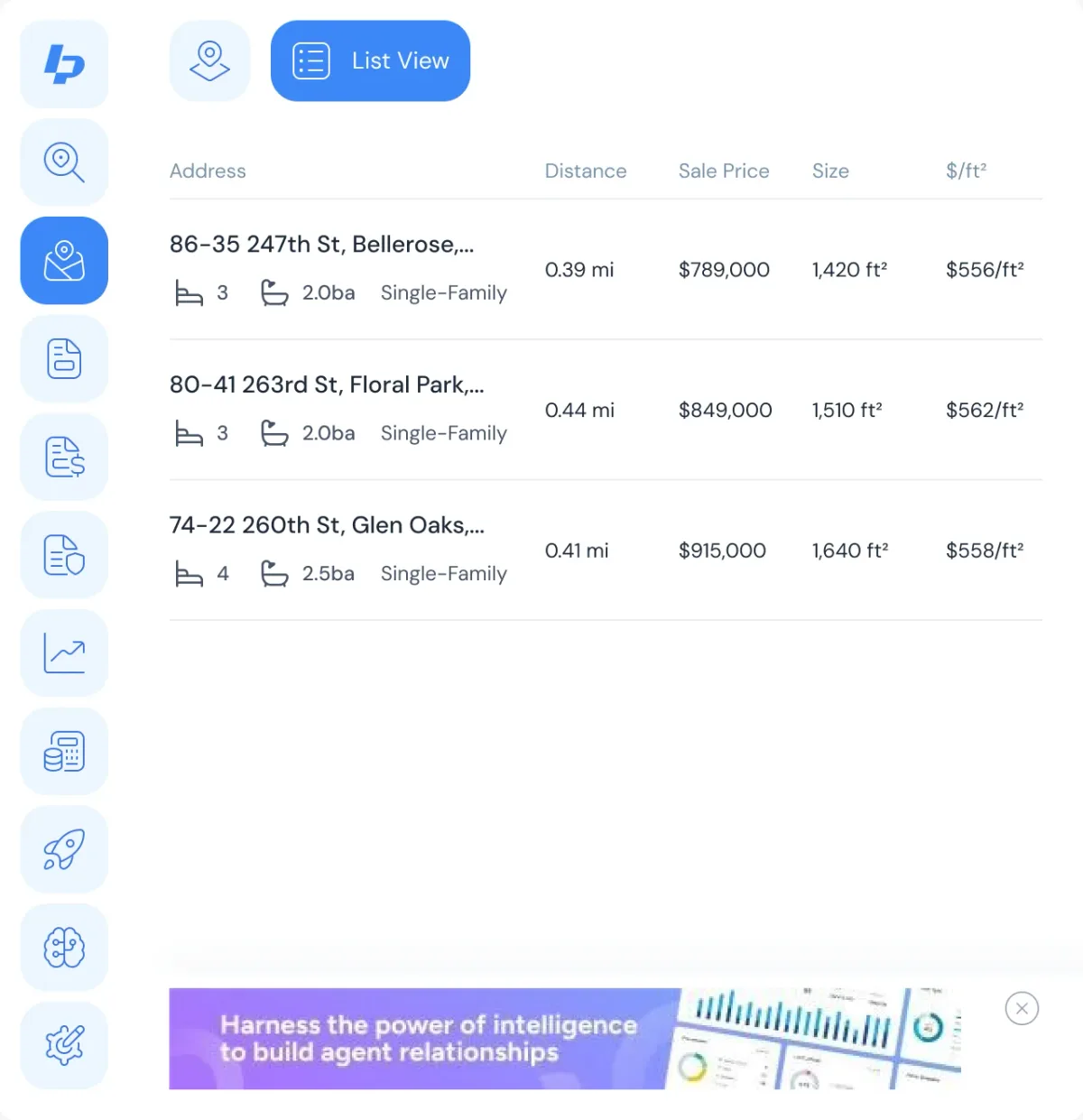 Comparable Sales list of three single-family sales in Bellerose, Floral Park and Glen Oaks with price, size, price per square foot and distance
