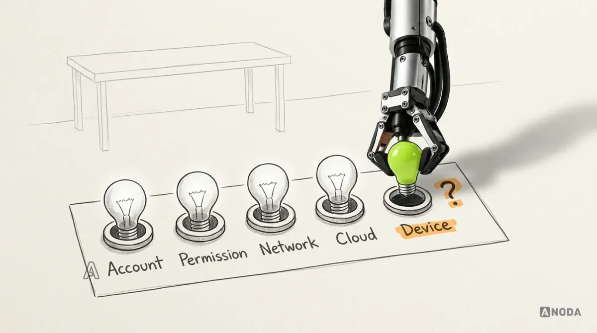 Mixed-media illustration: a drawn panel of five indicator lights labelled “Account”, “Permission”, “Network”, “Cloud” and “Device”; four hold drawn bulbs, the “Device” socket has an orange question mark, and a real steel arm hanging from the top edge screws a lime bulb into it.