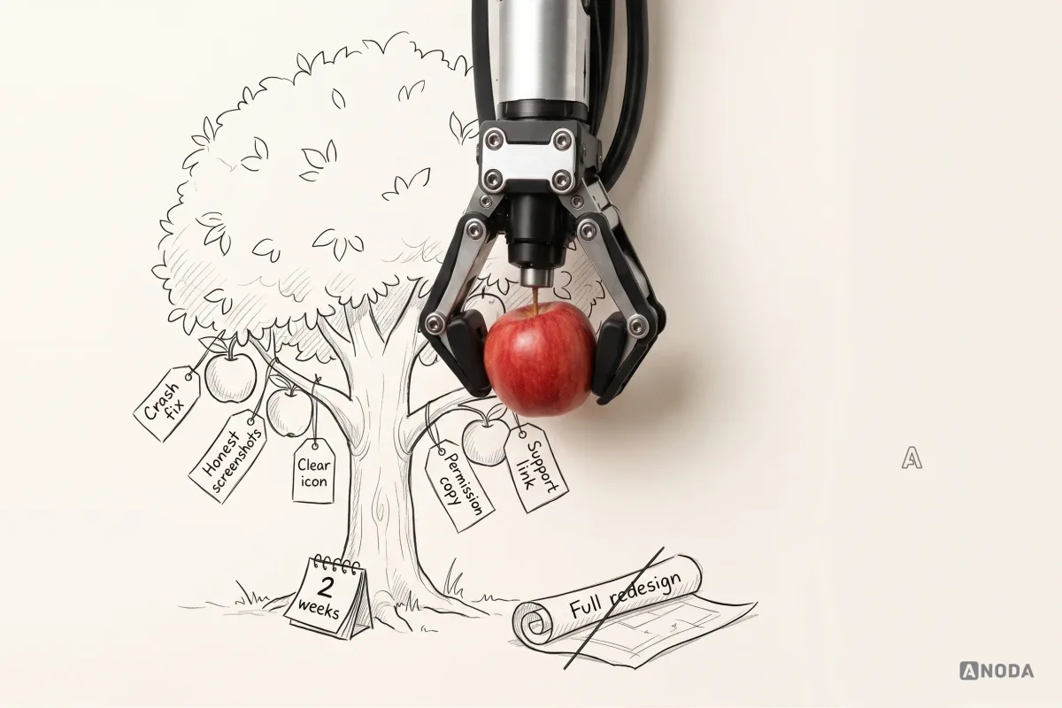 Mixed-media illustration: a real steel arm hanging from the top picks a real red apple from a drawn tree whose fruits carry tags reading “Crash fix”, “Honest screenshots”, “Clear icon”, “Permission copy” and “Support link”, beside a crossed-out “Full redesign” blueprint and a calendar reading “2 weeks”.