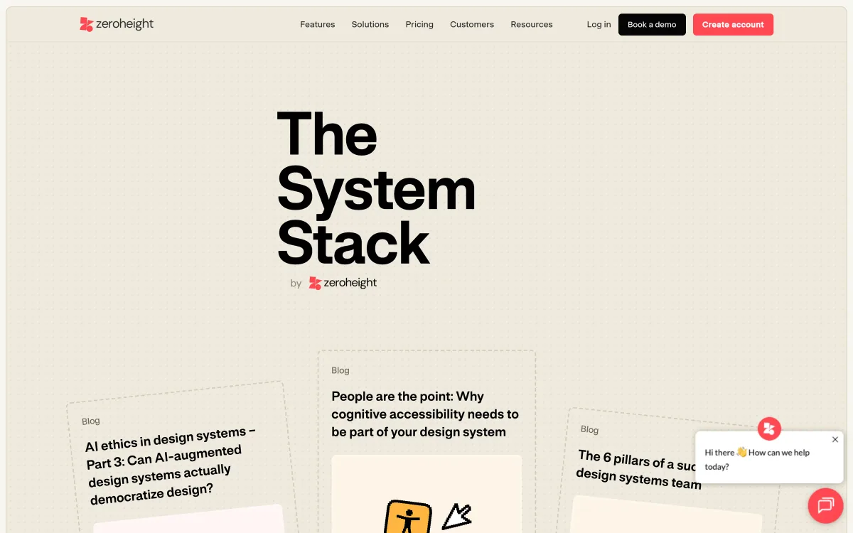 zeroheight blog index: a large “The System Stack” header with cards for articles on AI ethics in design systems, cognitive accessibility and design-system pillars.