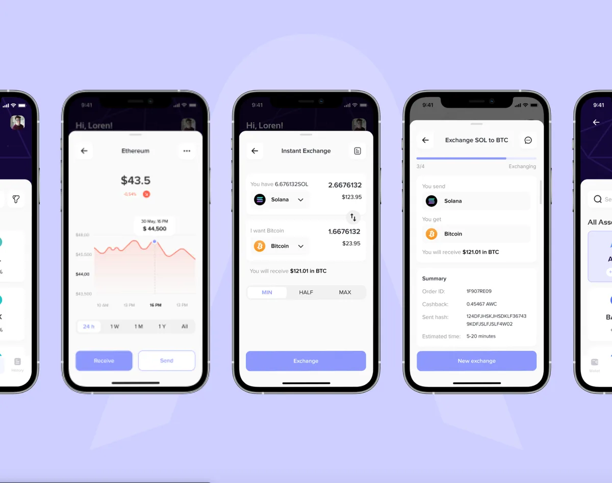 Four iPhones showcasing various cryptocurrency apps, illustrating effective UI design principles for user engagement.
