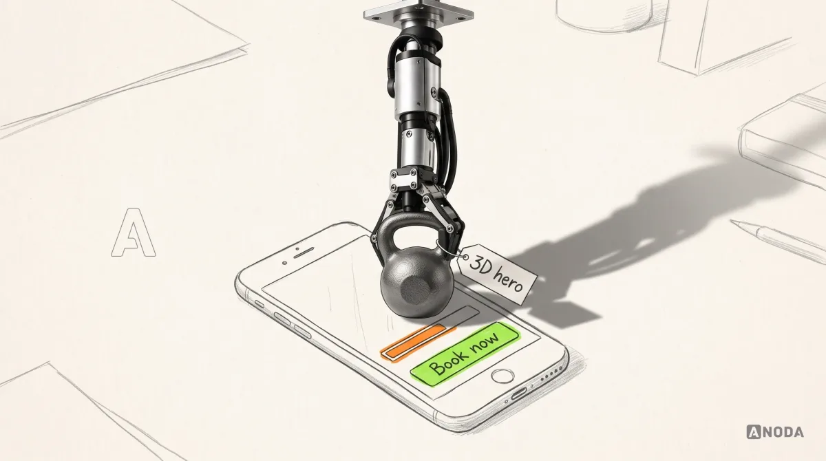 Mixed-media illustration: a drawn smartphone lies on paper pressed down under a real cast-iron weight tagged “3D hero”, its loading bar stuck partway and outlined in orange; a real steel arm hanging from the top edge lifts the weight off by its handle, uncovering a lime “Book now” button on the screen.