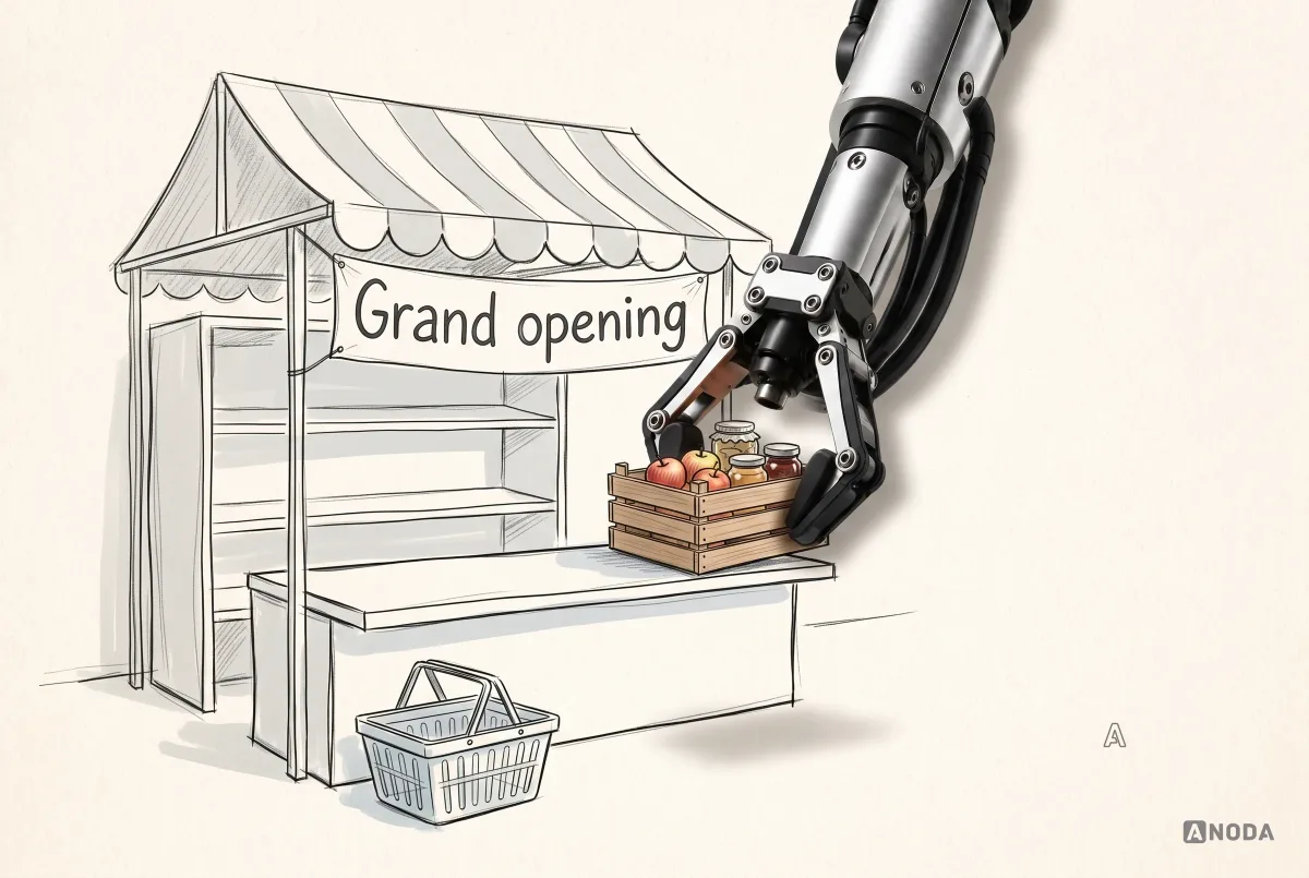 A steel robotic hand sets a real wooden crate of apples and jars on the empty counter of a drawn market stall under a ‘Grand opening’ banner, with an empty shopping basket waiting in front.