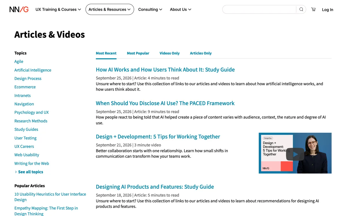 Nielsen Norman Group article listing: the “Articles & Videos” page with topic filters on the left and recent articles on AI functionality, AI disclosure and designing AI products, dated September 2026.