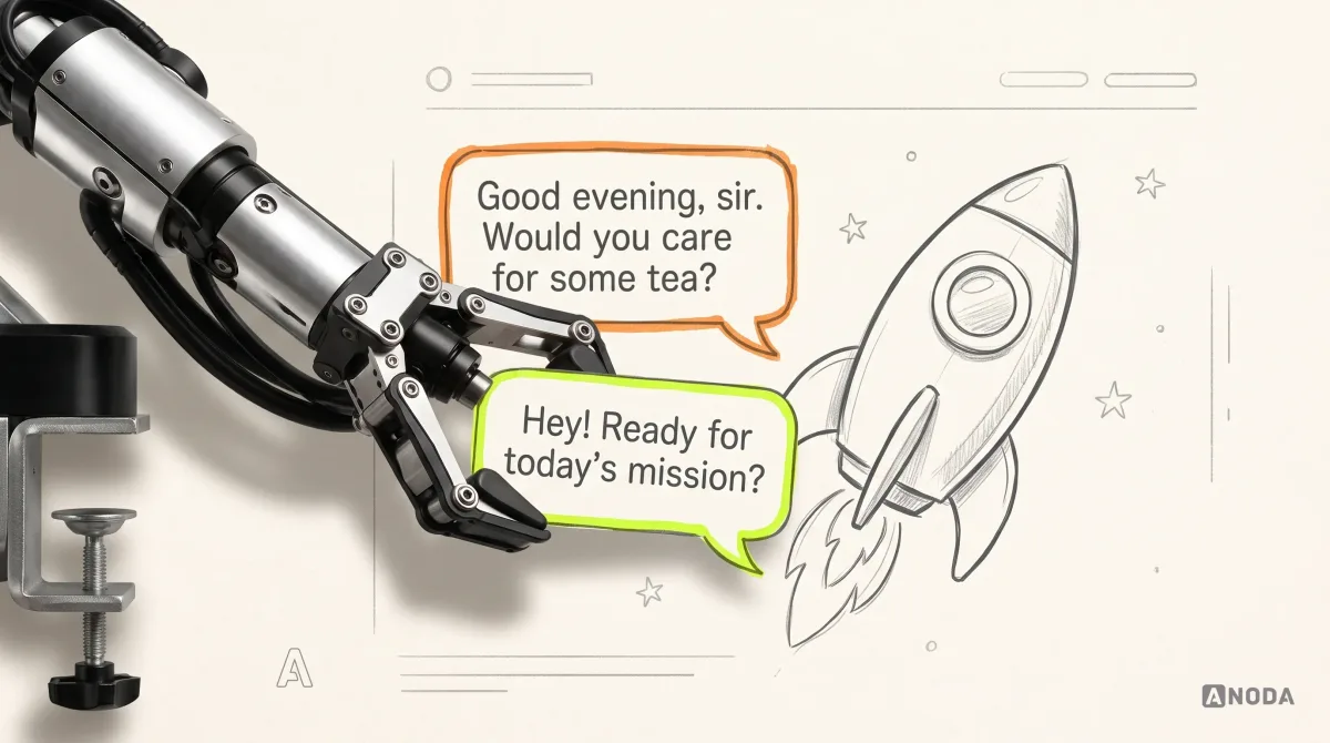 Mixed-media illustration: a drawn children’s app screen with a cartoon rocket shows a speech bubble reading “Good evening, sir. Would you care for some tea?”, outlined in orange; a real steel robotic arm clamped to the table edge on the left slides a lime-edged bubble reading “Hey! Ready for today’s mission?” over it.