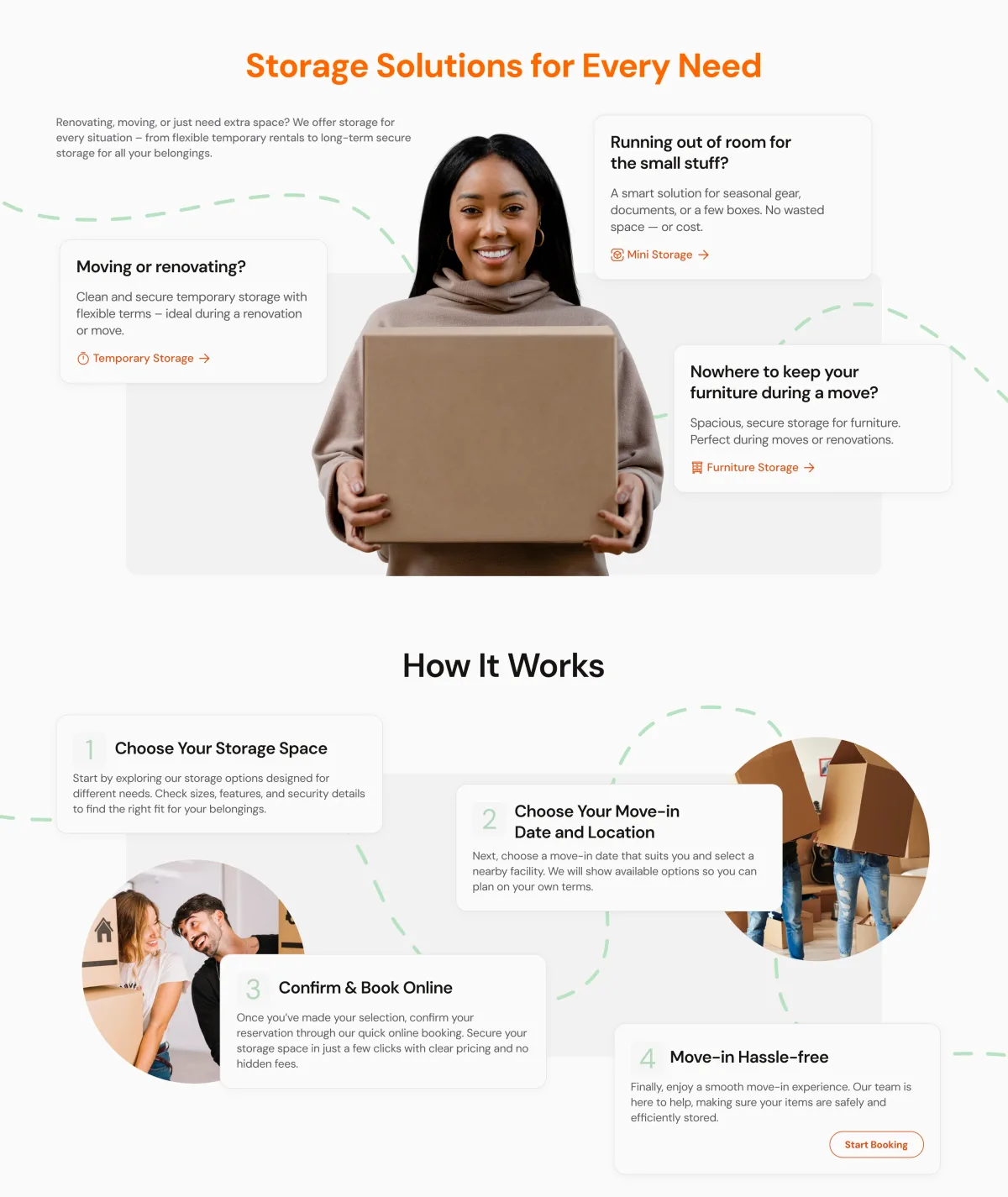 easyStorage homepage sections: Storage Solutions for Every Need with three storage types, How It Works in four steps, and Ready to Store Your Belongings with Contact Us and Book Now