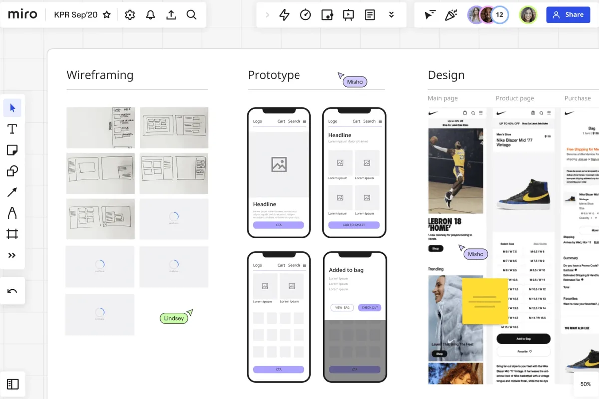 Miro board with columns labeled Wireframing, Prototype and Design, showing sketches, screen layouts and shopping-page visuals.