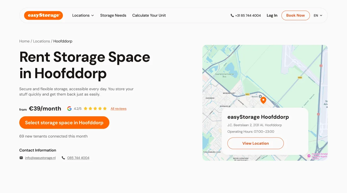 Rent Storage Space in Hoofddorp: price from per month, rating, a button to select storage in Hoofddorp and the location card on a map