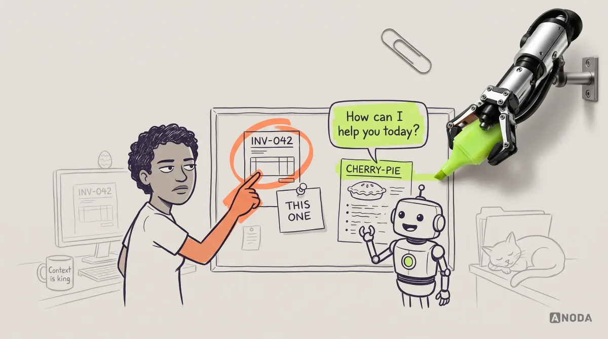 Mixed-media illustration: a drawn user jabs a finger at a circled invoice “INV-042” on a board while a real steel arm busily draws a lime cherry-pie recipe card beside a cheerful drawn robot asking “How can I help you today?”.