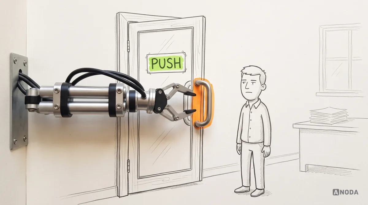 Mixed-media illustration: a real steel arm reaching in from the left pulls the orange-marked pull handle of a drawn door whose lime-marked sign says “Push”, while a drawn man waits beside it