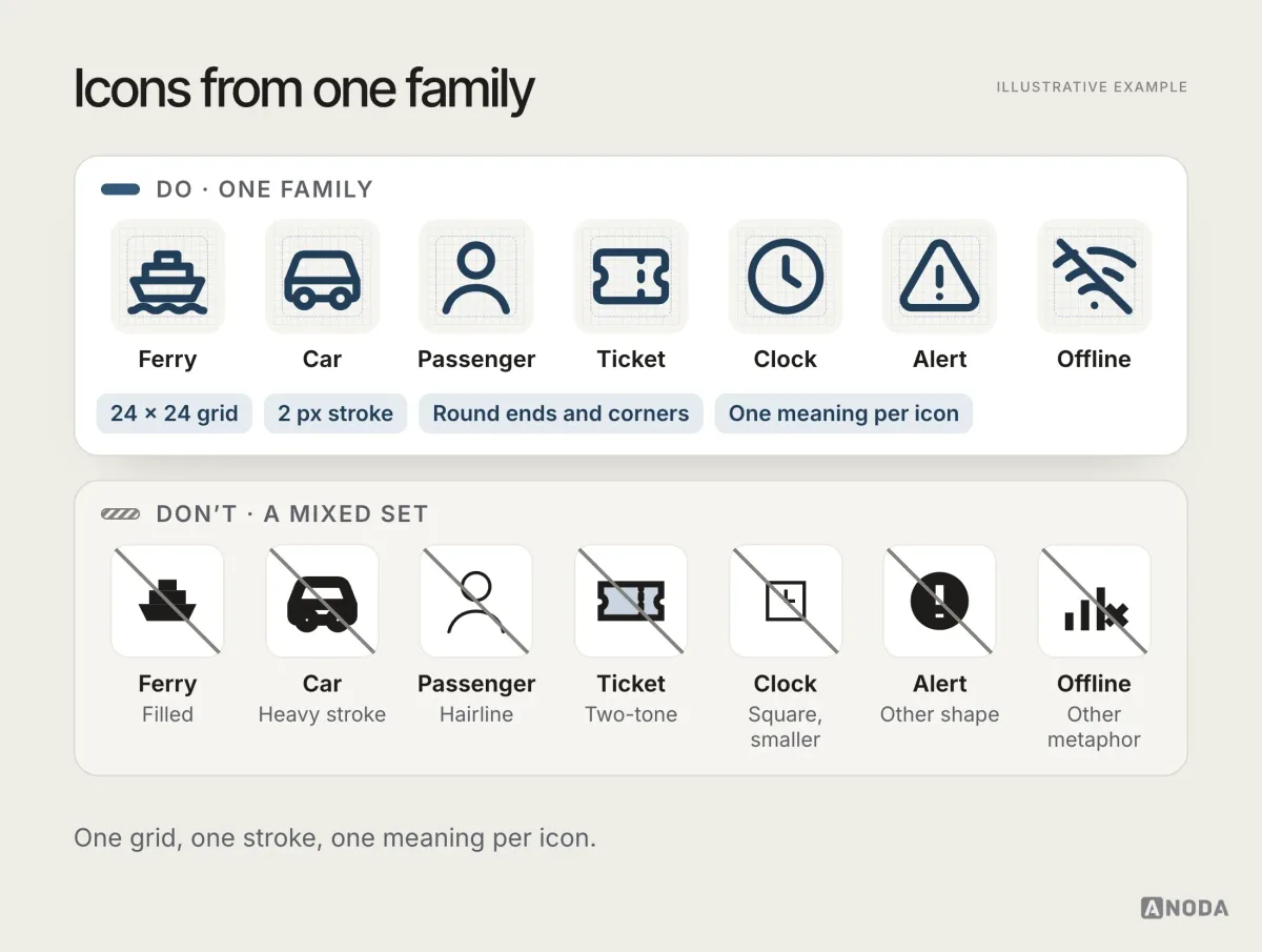 Seven outline icons (ferry, car, passenger, ticket, clock, alert, offline) drawn on one 24-unit grid, above a crossed-out mixed set of the same icons in filled, heavy, hairline, two-tone and mismatched styles.