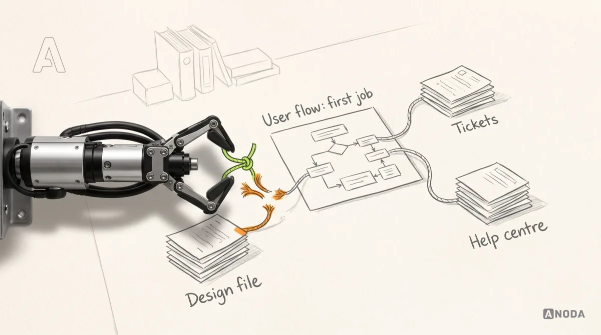 Mixed-media illustration: a drawn user-flow diagram labelled “User flow: first job” is pinned in the middle of the paper, with drawn strings running from it to three drawn stacks labelled “Design file”, “Tickets” and “Help centre”; the string to “Design file” is snapped, its frayed ends marked in orange, and a real steel robotic arm entering from the left on a wall bracket reties it with a lime knot.