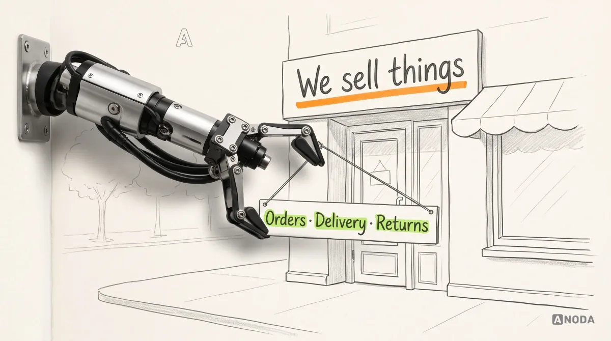 Mixed-media illustration: a drawn shopfront with a sign reading “We sell things” underlined in orange; a real steel robotic arm hangs a small hand-lettered board beneath it reading “Orders · Delivery · Returns” in lime.