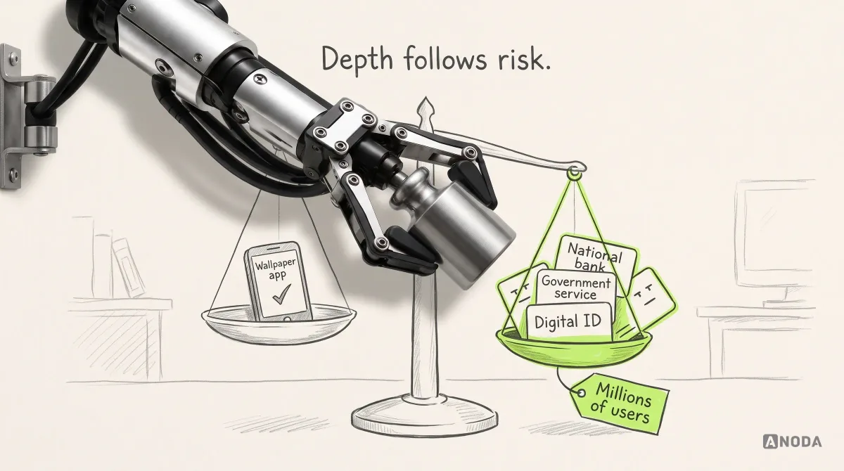Mixed-media illustration: a drawn balance scale with a small “Wallpaper app” on one pan and cards for “National bank”, “Government service” and “Digital ID” tagged “Millions of users” on the other; a real steel arm lowers a real steel weight onto the heavier side under the heading “Depth follows risk”.