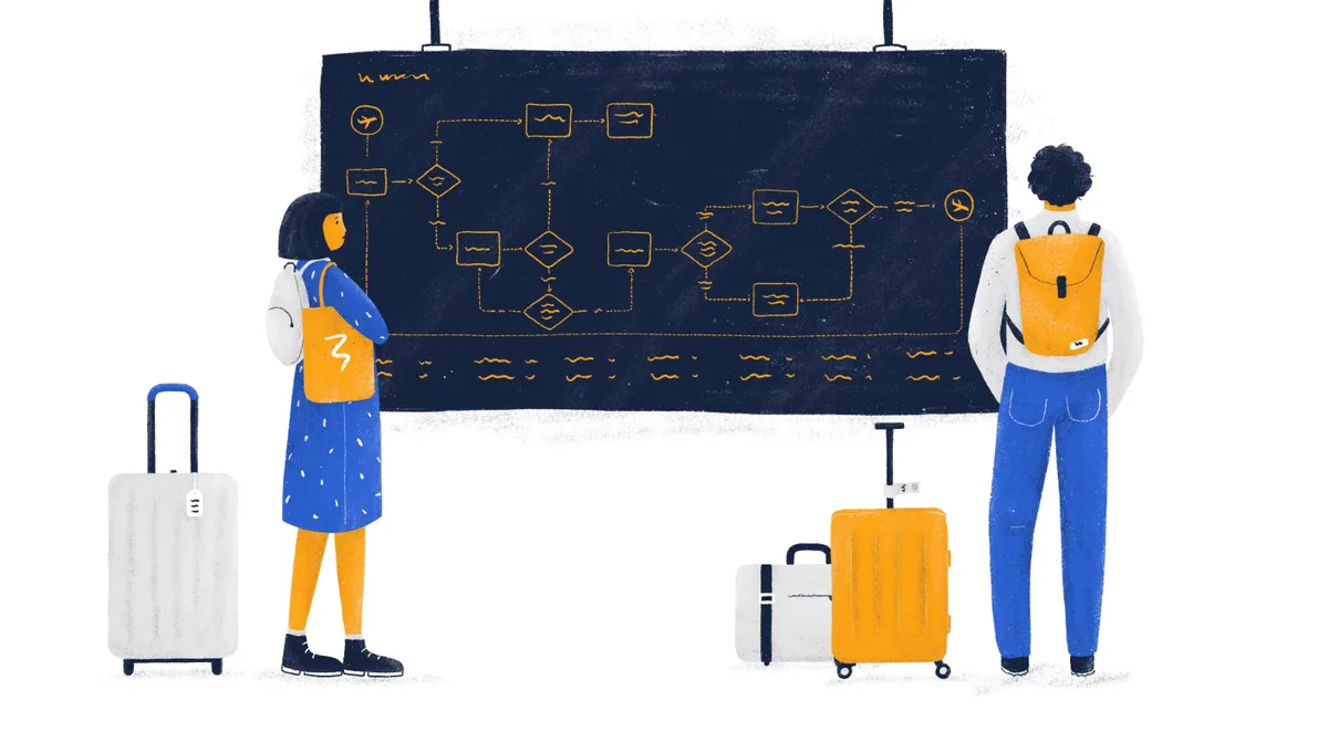 A couple stands beside a blackboard displaying a map, discussing strategies for optimizing user flow in UX design.