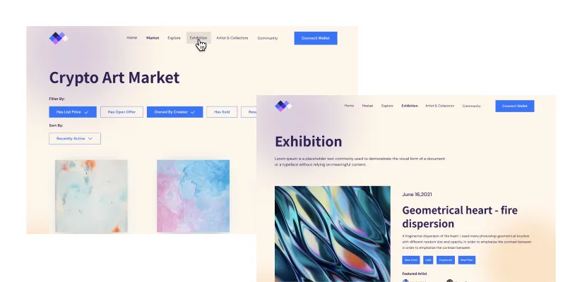 Crypto Art Market and Exhibition interface screens used to illustrate a prototype.