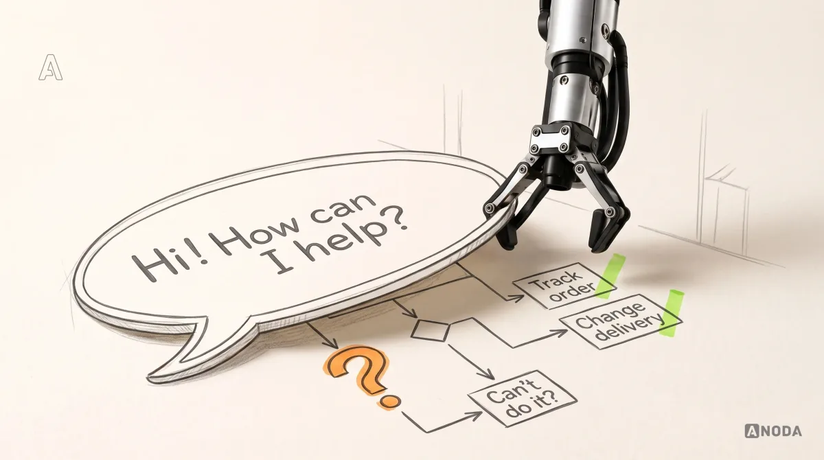 Mixed-media illustration: a real steel robotic arm hanging from the top edge lifts a large drawn speech bubble reading "Hi! How can I help?" like a lid, revealing a hand-drawn flowchart underneath where the branches "Track order" and "Change delivery" end in lime ticks and a branch marked "Can't do it?" ends in an orange question mark.