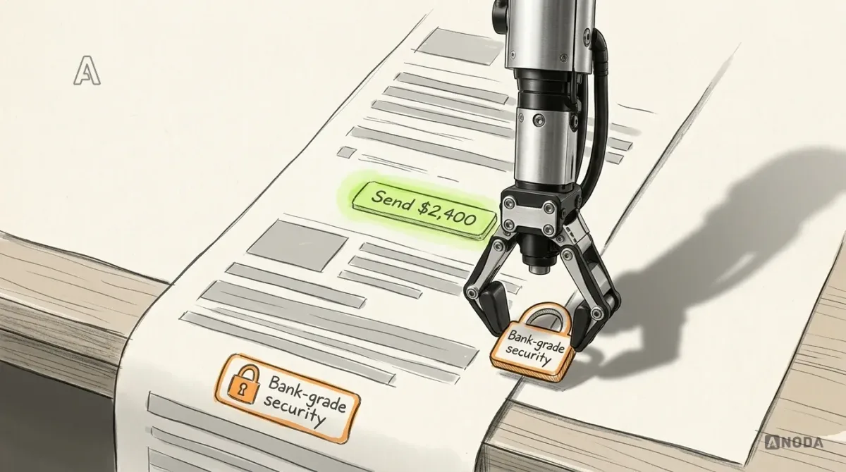 Mixed-media illustration: a drawn long webpage scrolls down a table with a small padlock badge reading “Bank-grade security” at the very bottom, outlined in orange; a real steel robotic arm hanging from the top edge carries the padlock badge up the page and places it beside a drawn button reading “Send $2,400”, where it glows lime.