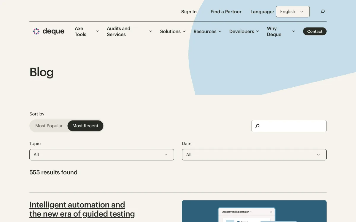 Deque blog index: a listing with sort, topic and date filters, showing 555 results and the latest post “Intelligent automation and the new era of guided testing”.