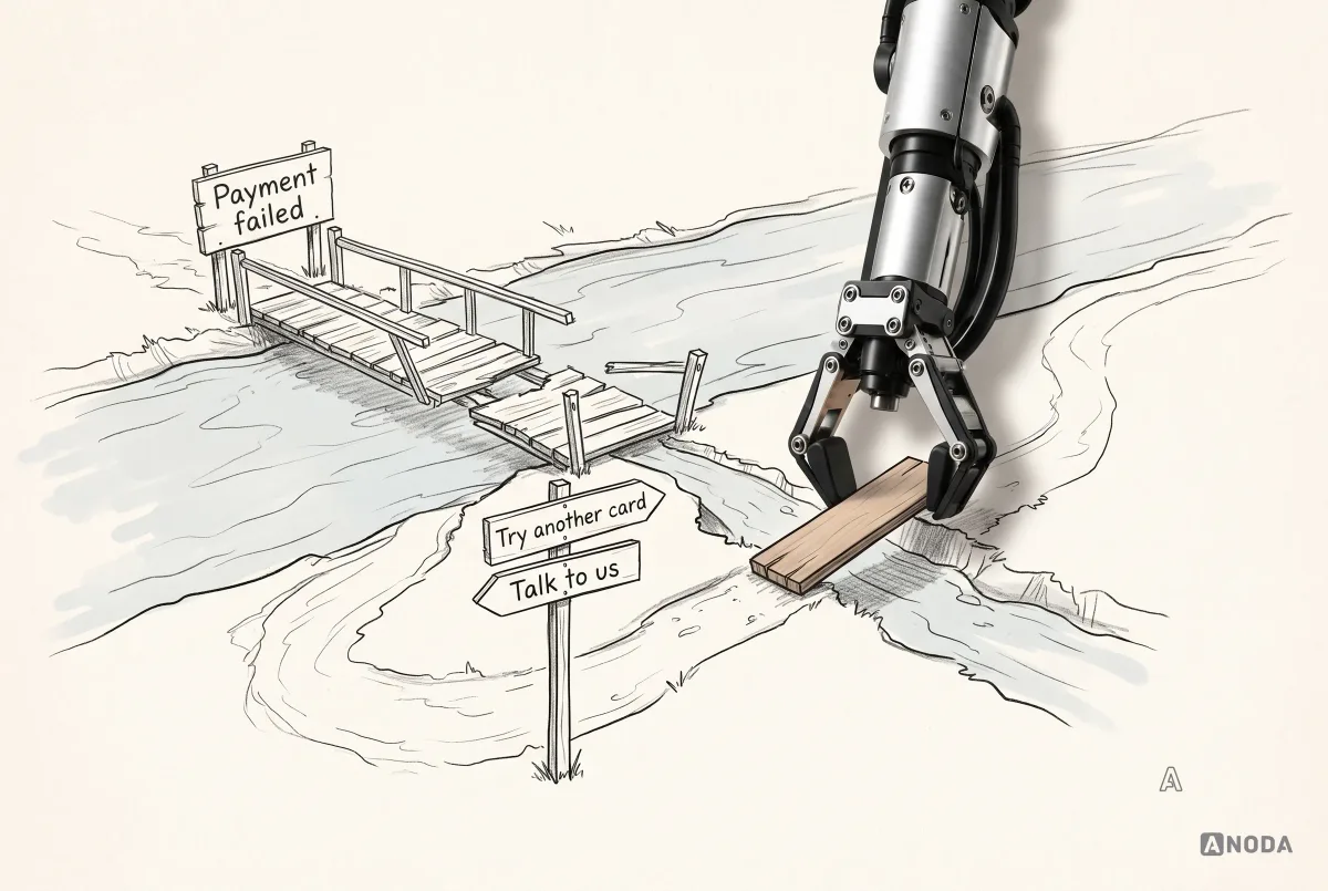 A steel robotic hand lays a real wooden plank across a gap in a drawn detour path, past a broken bridge marked ‘Payment failed’ and a signpost reading ‘Try another card’ and ‘Talk to us’.
